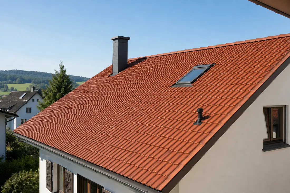 Saniertes Steildach mit neuen roten Tonziegeln auf einem Wohnhaus in der Deutschschweiz