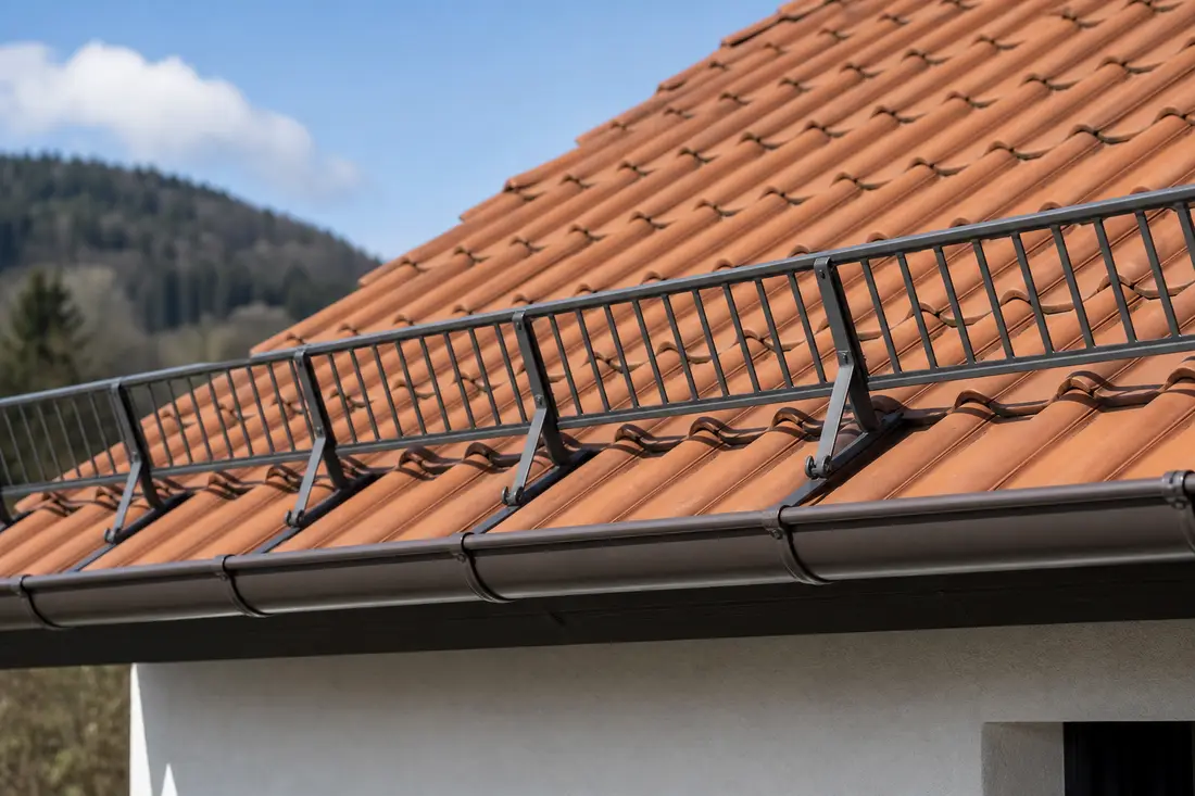 Montiertes Schneefanggitter entlang der Traufe eines Steildachs mit Tonziegeln