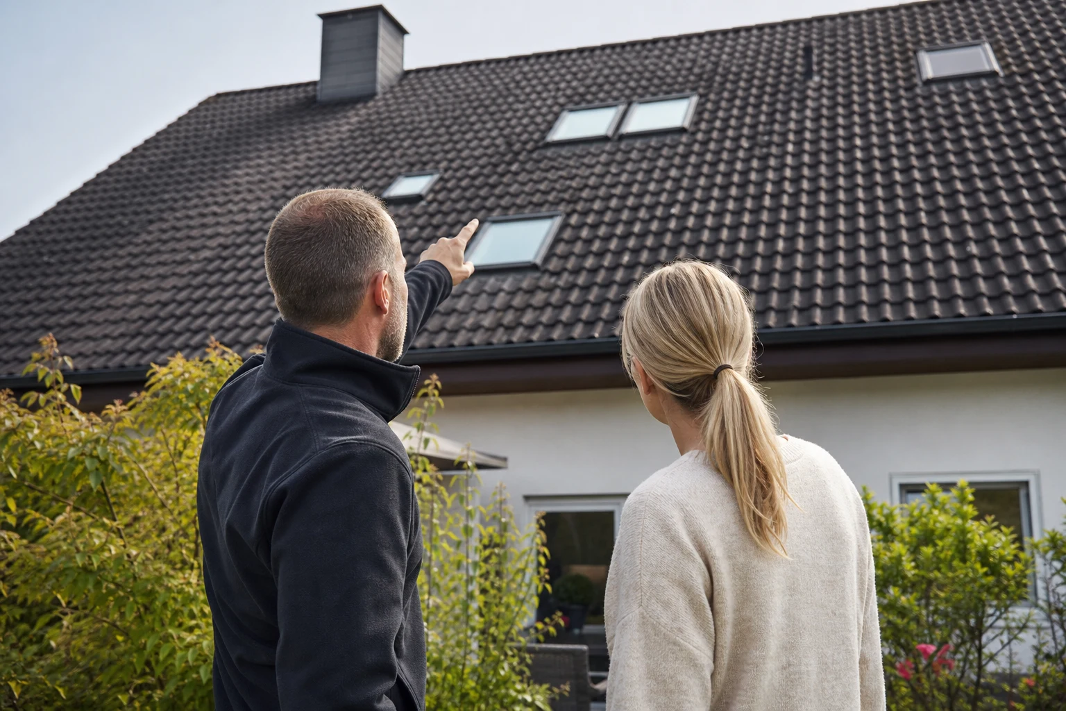 Dachdecker erläutert einem Eigentümer die nächsten Schritte vom Boden aus