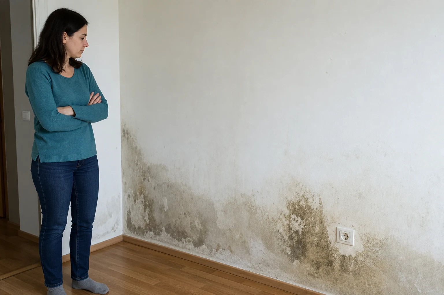 Bewohnerin hält Abstand zu einer feuchten Wand nahe einer Steckdose