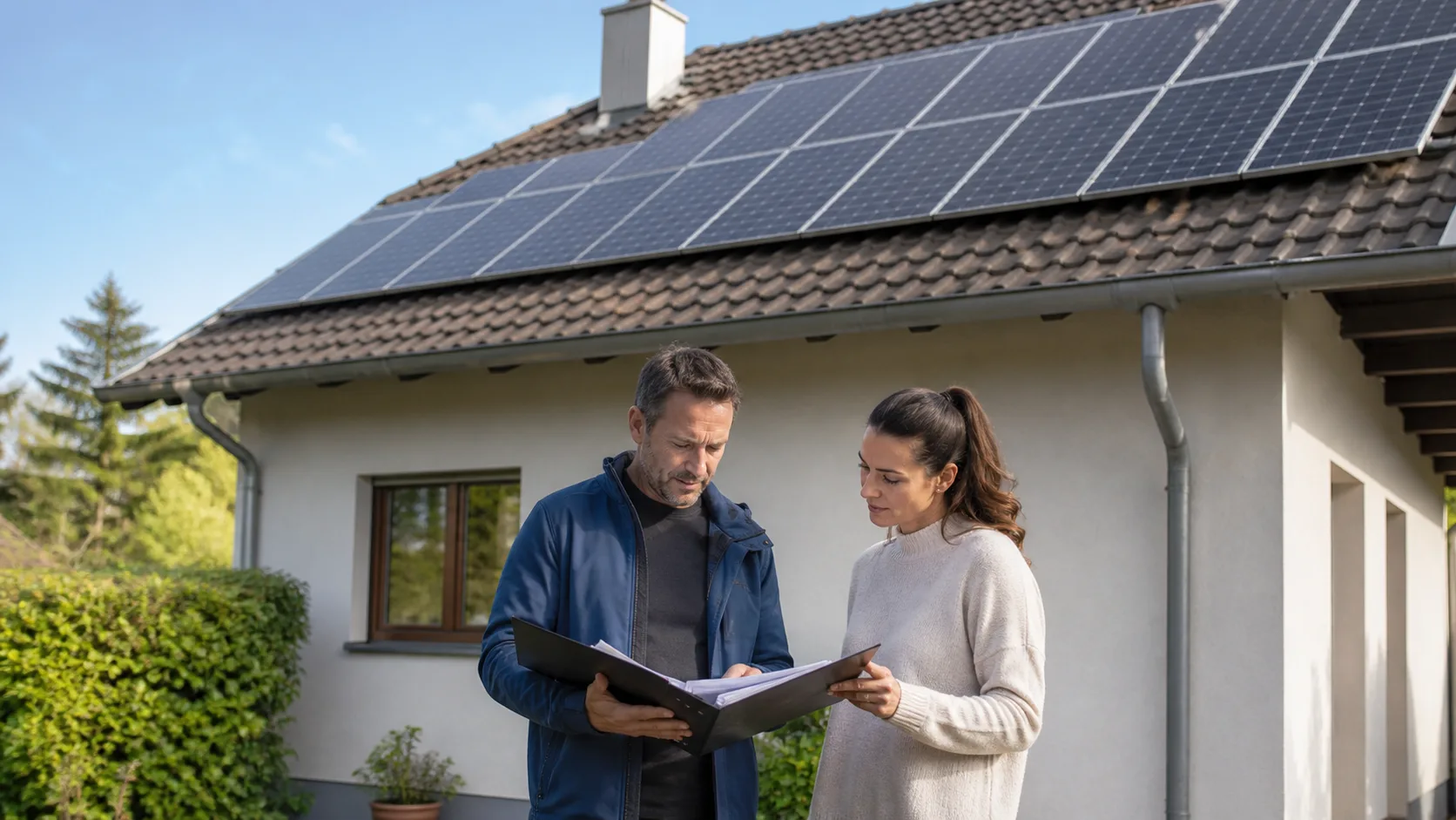 Eigentümer und Solarfachperson besprechen Unterlagen vor einem Haus mit Solaranlage