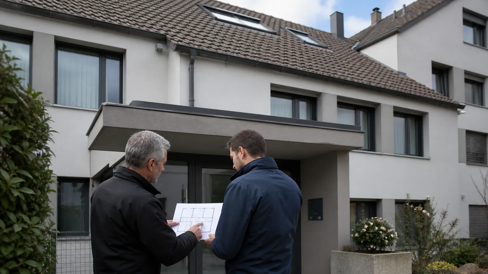 Hauswart und Eigentümerin besprechen den Zugang zu einem Mehrfamilienhaus