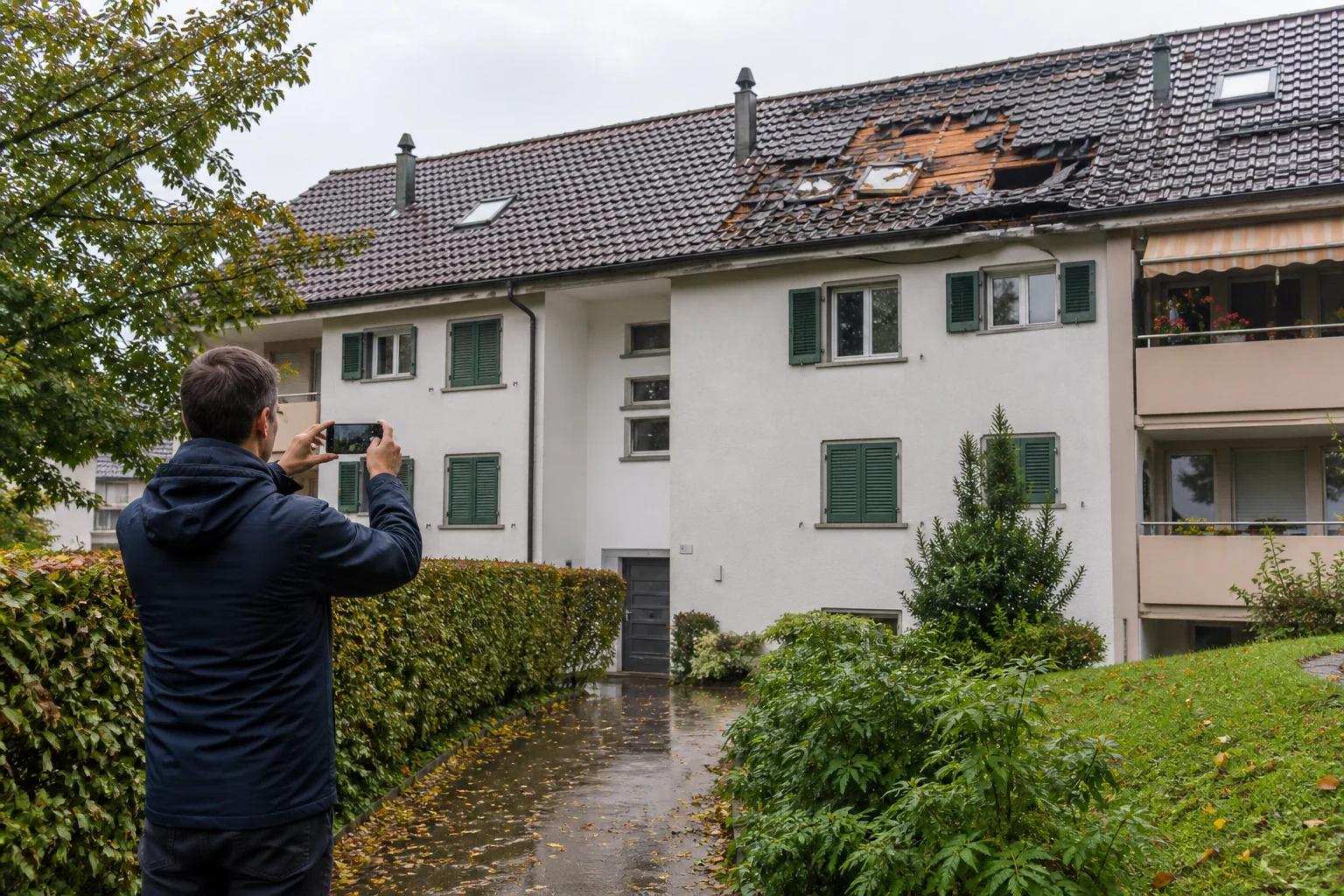 Eine Bewohnerin fotografiert eine Hausfassade und den Gartenweg nach dem Sturm, während die Dachfläche bewusst unberührt bleibt.
