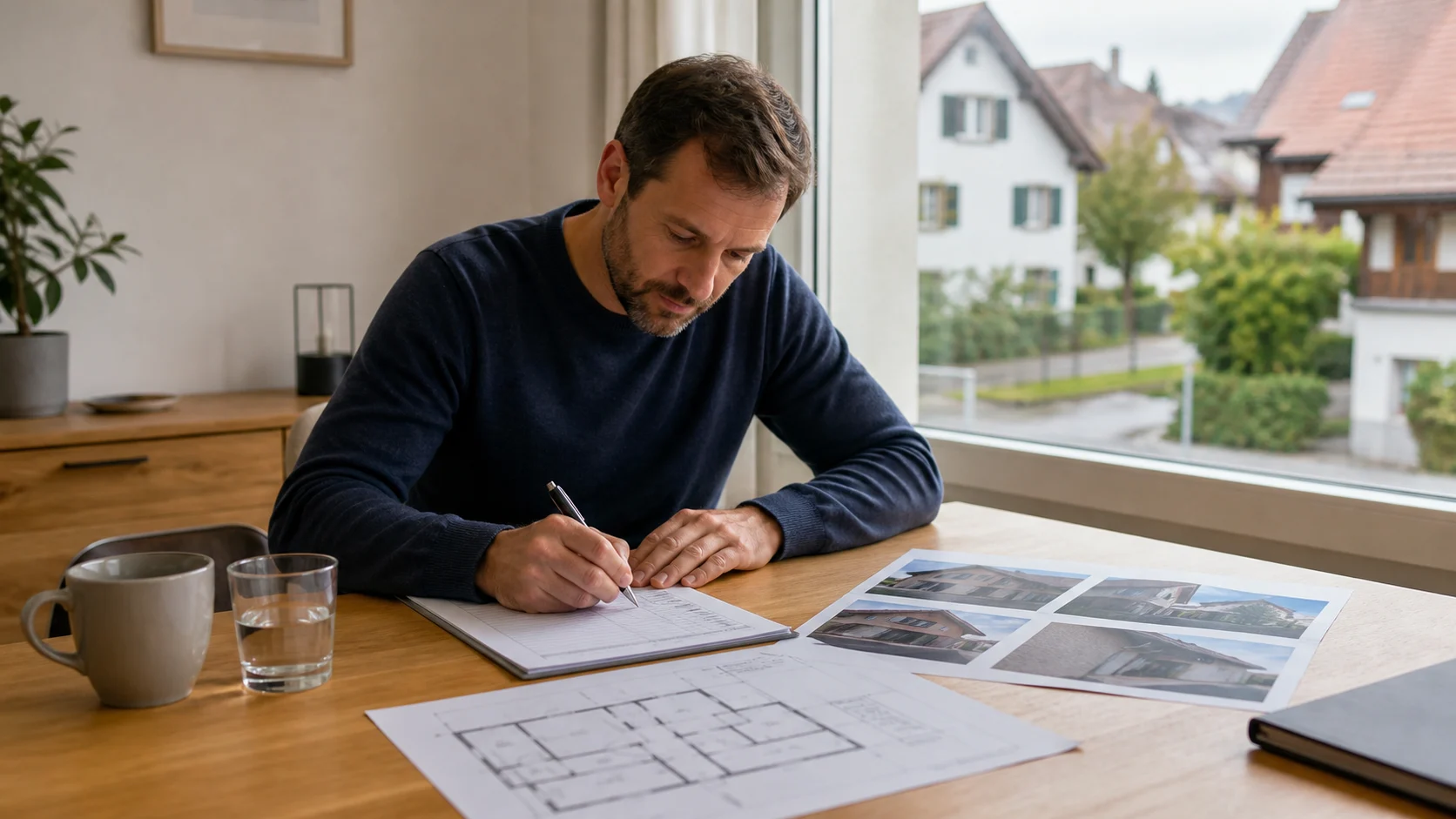 Eine Fachperson erläutert einer Verwaltung und einem Bewohner die nächsten organisatorischen Schritte anhand eines schlichten Protokolls.