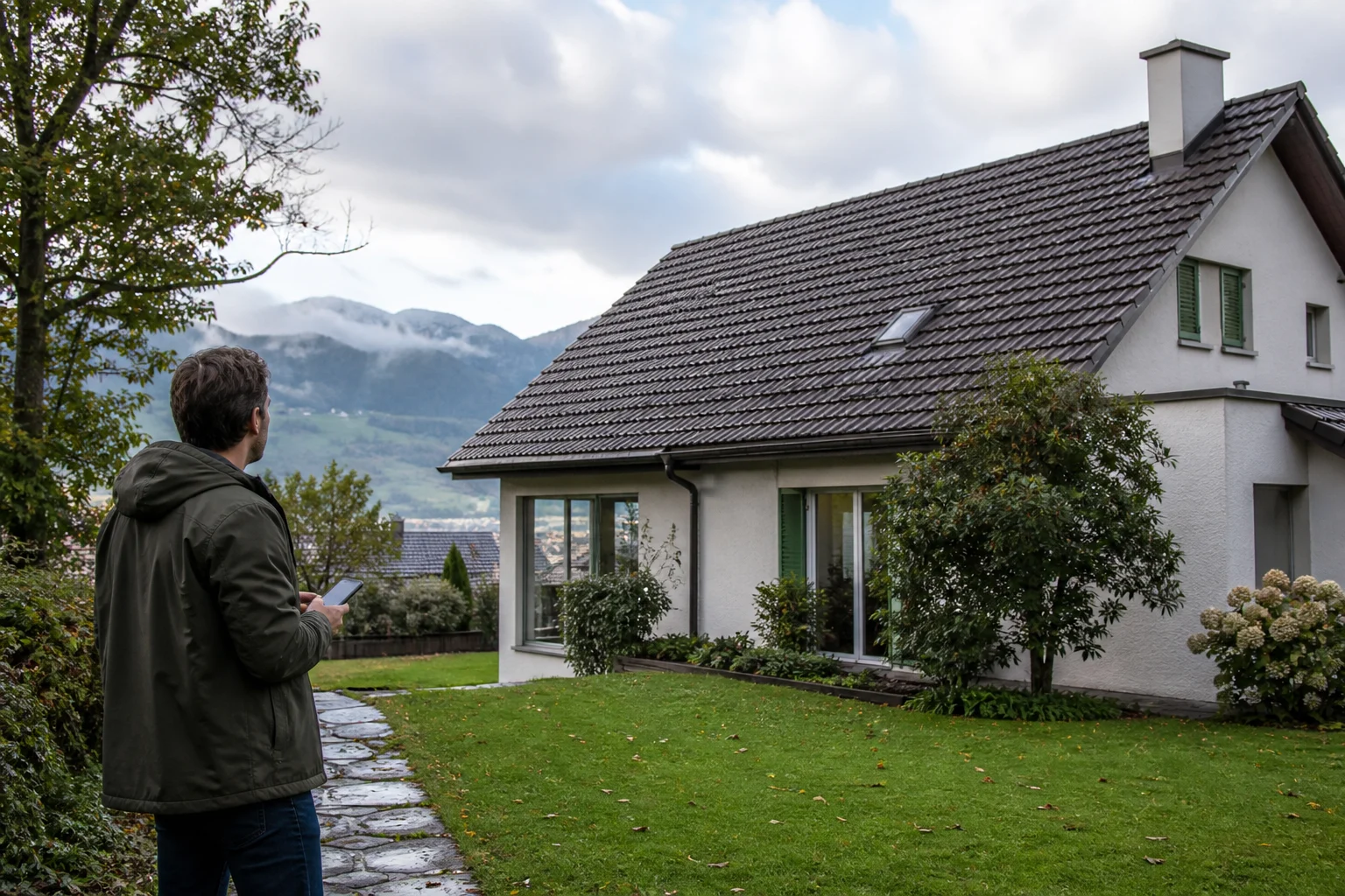 Nach einem Sturm betrachtet ein Hausbesitzer das Dach seiner Liegenschaft vom sicheren Gartenweg aus.